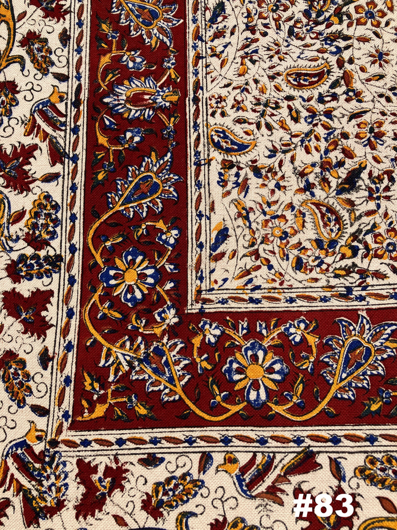 Hand Printed LARGE Cotton Tablecloth with Natural Plant Dyes in Red, Blue, Green, Yellow/Orange on Beige Cloth