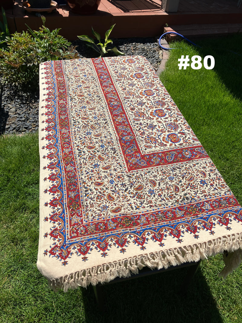 Hand Printed LARGE Cotton Tablecloth with Natural Plant Dyes in Red, Blue, Green, Yellow/Orange on Beige Cloth