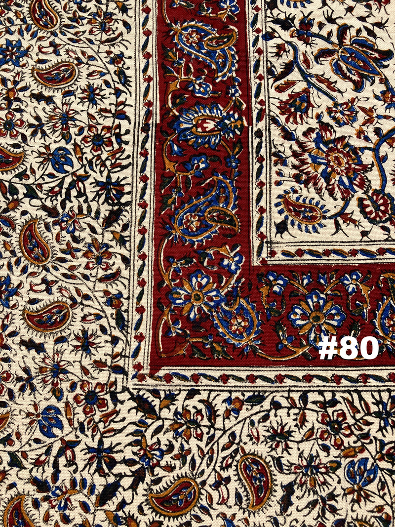 Hand Printed LARGE Cotton Tablecloth with Natural Plant Dyes in Red, Blue, Green, Yellow/Orange on Beige Cloth