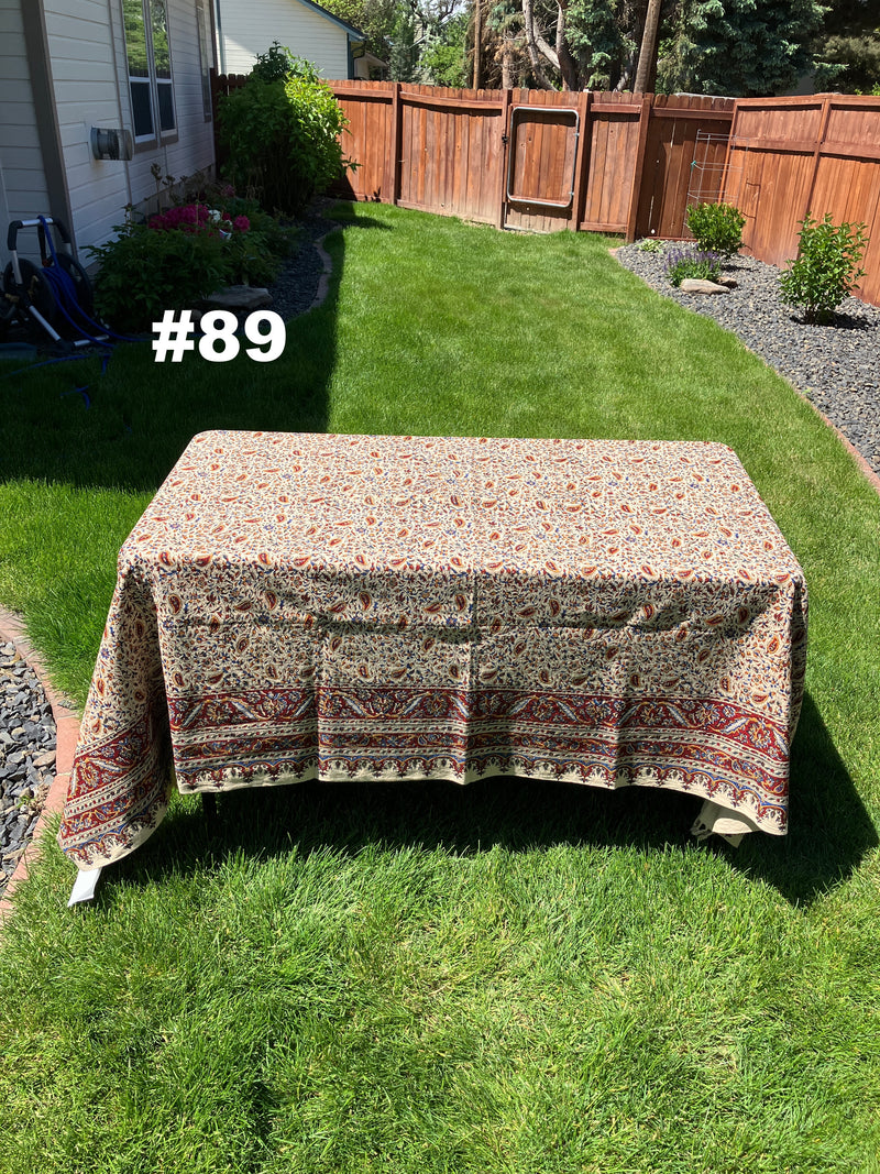 Hand Printed LARGE Cotton Tablecloth with Natural Plant Dyes in Red, Blue, Green, Yellow/Orange on Beige Cloth