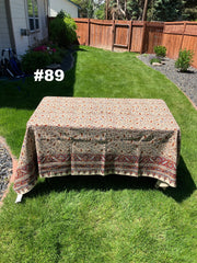 Hand Printed LARGE Cotton Tablecloth with Natural Plant Dyes in Red, Blue, Green, Yellow/Orange on Beige Cloth