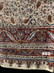 Hand Printed LARGE Cotton Tablecloth with Natural Plant Dyes in Red, Blue, Green, Yellow/Orange on Beige Cloth