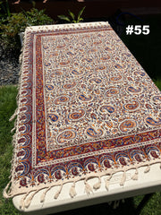 . Hand Printed 100% Cotton Tablecloth with Natural Plant Dyes in Red, Blue, Green, Yellow/Orange on Beige Cloth - Various Sizes