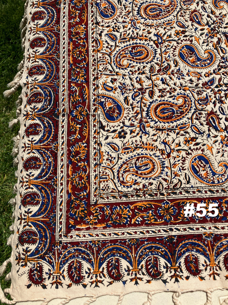 Hand Printed 100% Cotton Tablecloth with Natural Plant Dyes in Red, Blue, Green, Yellow/Orange on Beige Cloth - Various Sizes