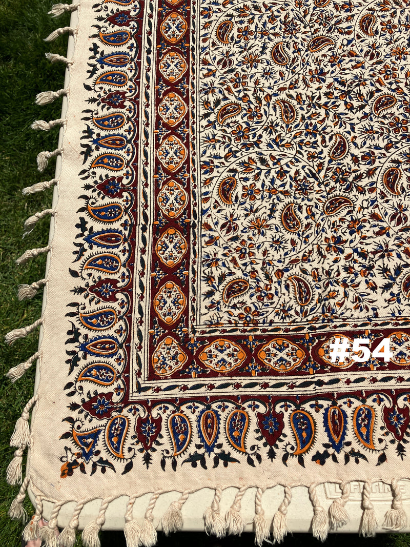 Hand Printed 100% Cotton Tablecloth with Natural Plant Dyes in Red, Blue, Green, Yellow/Orange on Beige Cloth - Various Sizes