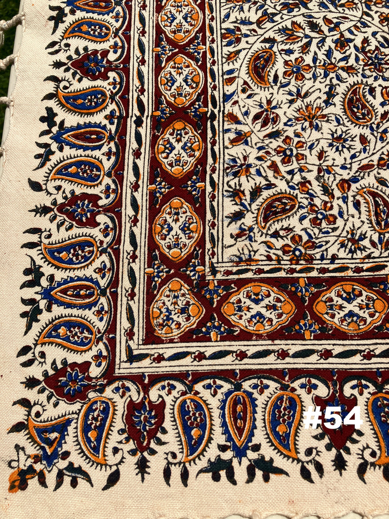 Hand Printed 100% Cotton Tablecloth with Natural Plant Dyes in Red, Blue, Green, Yellow/Orange on Beige Cloth - Various Sizes