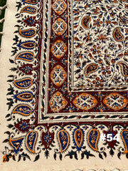 Hand Printed 100% Cotton Tablecloth with Natural Plant Dyes in Red, Blue, Green, Yellow/Orange on Beige Cloth - Various Sizes