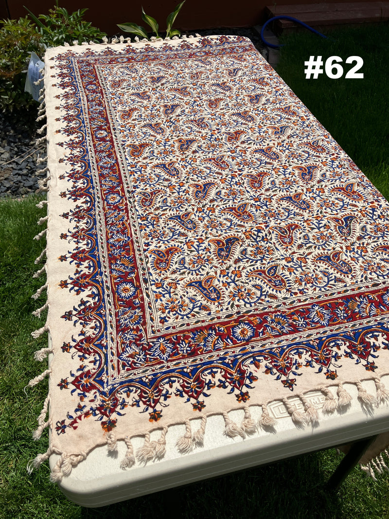 Hand Printed 100% Cotton Tablecloth with Natural Plant Dyes in Red, Blue, Green, Yellow/Orange on Beige Cloth - Various Sizes