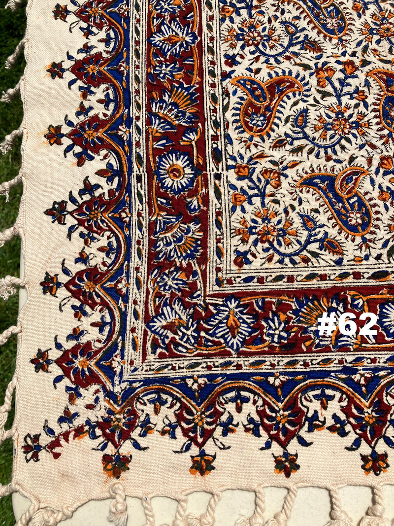 Hand Printed 100% Cotton Tablecloth with Natural Plant Dyes in Red, Blue, Green, Yellow/Orange on Beige Cloth - Various Sizes