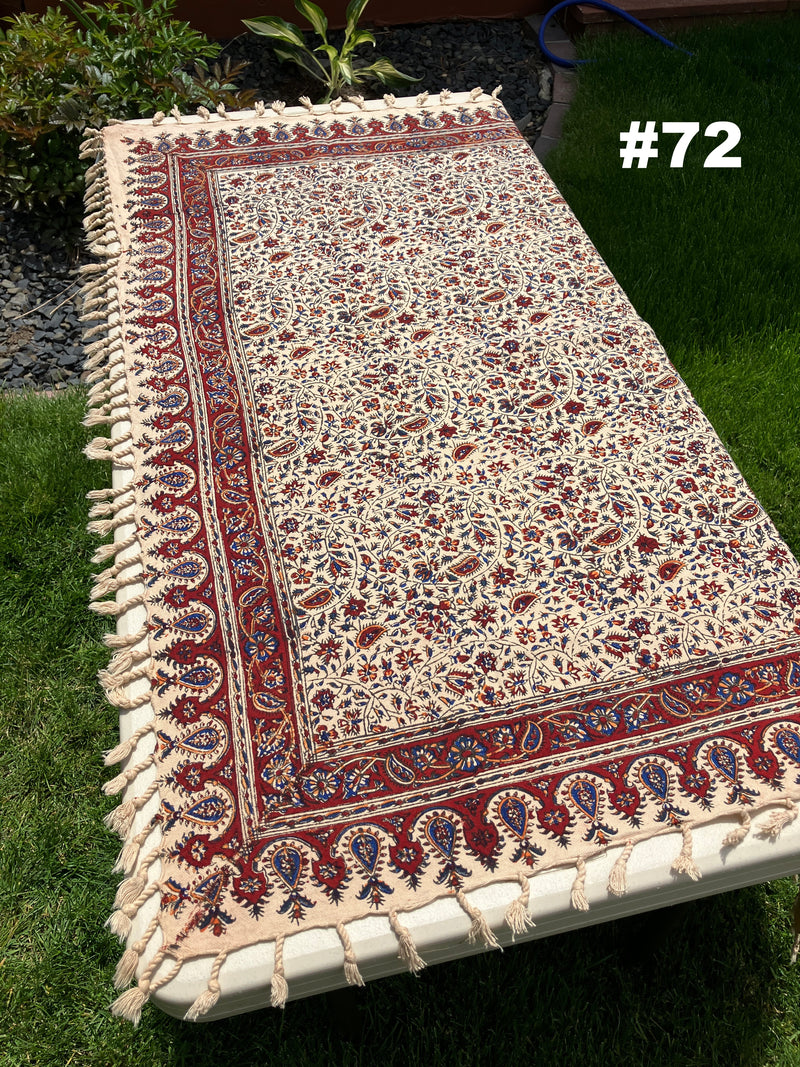 Hand Printed 100% Cotton Tablecloth with Natural Plant Dyes in Red, Blue, Green, Yellow/Orange on Beige Cloth - Various Sizes