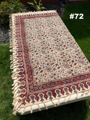 Hand Printed 100% Cotton Tablecloth with Natural Plant Dyes in Red, Blue, Green, Yellow/Orange on Beige Cloth - Various Sizes