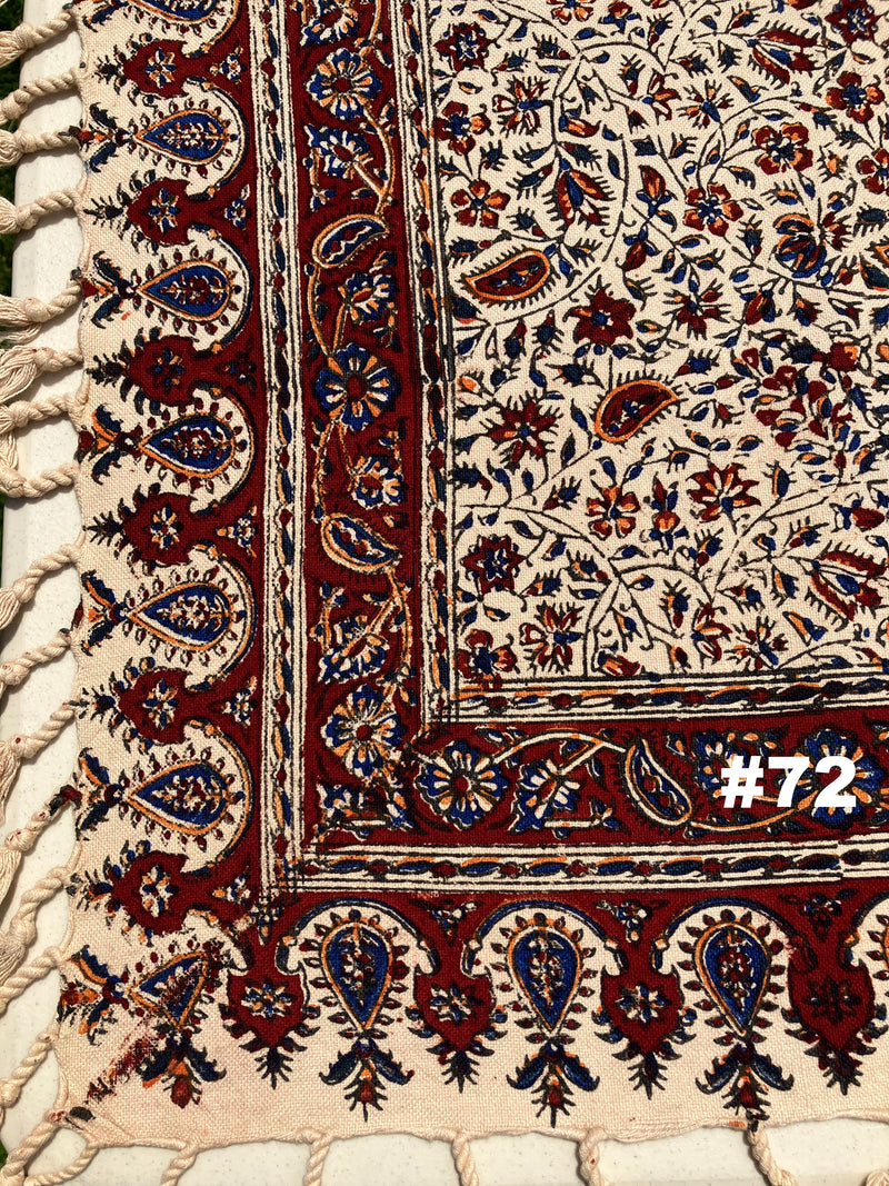 Hand Printed 100% Cotton Tablecloth with Natural Plant Dyes in Red, Blue, Green, Yellow/Orange on Beige Cloth - Various Sizes