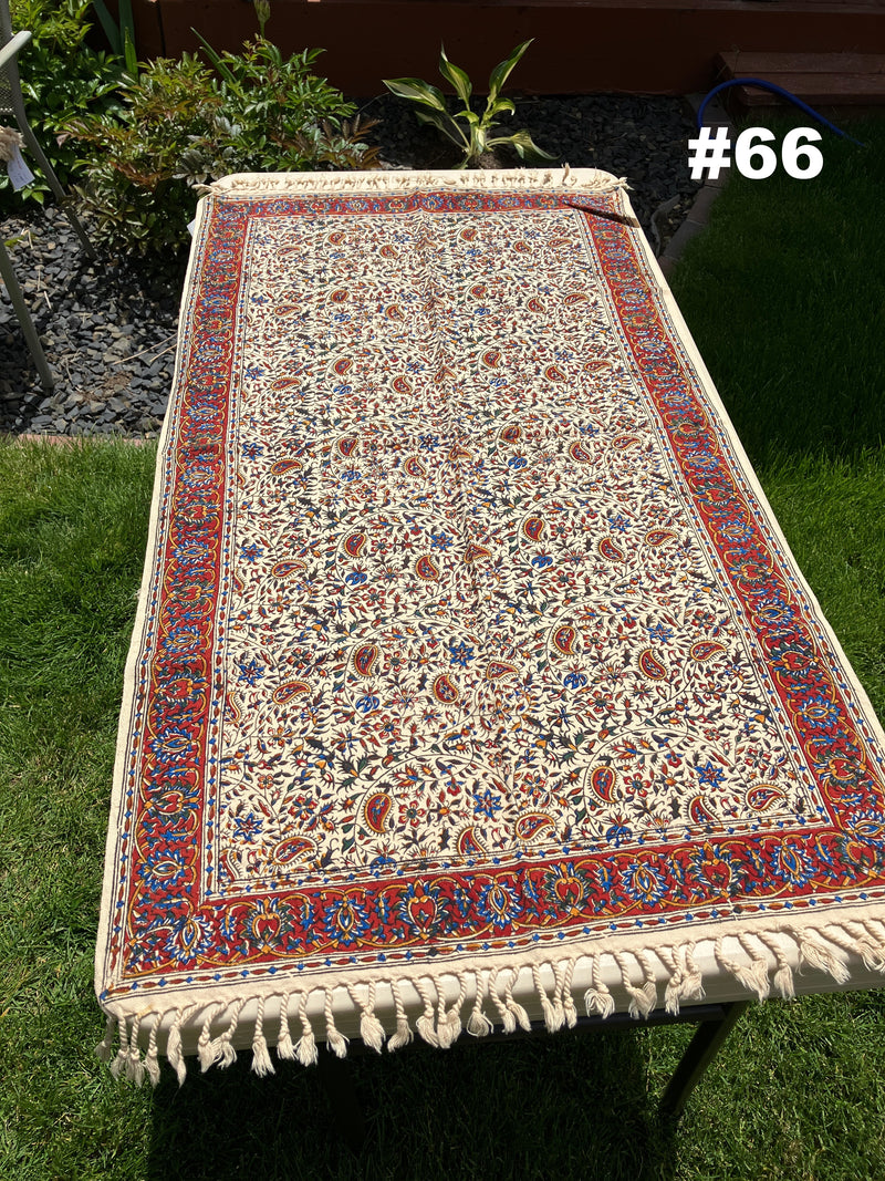 Hand Printed 100% Cotton Tablecloth with Natural Plant Dyes in Red, Blue, Green, Yellow/Orange on Beige Cloth - Various Sizes