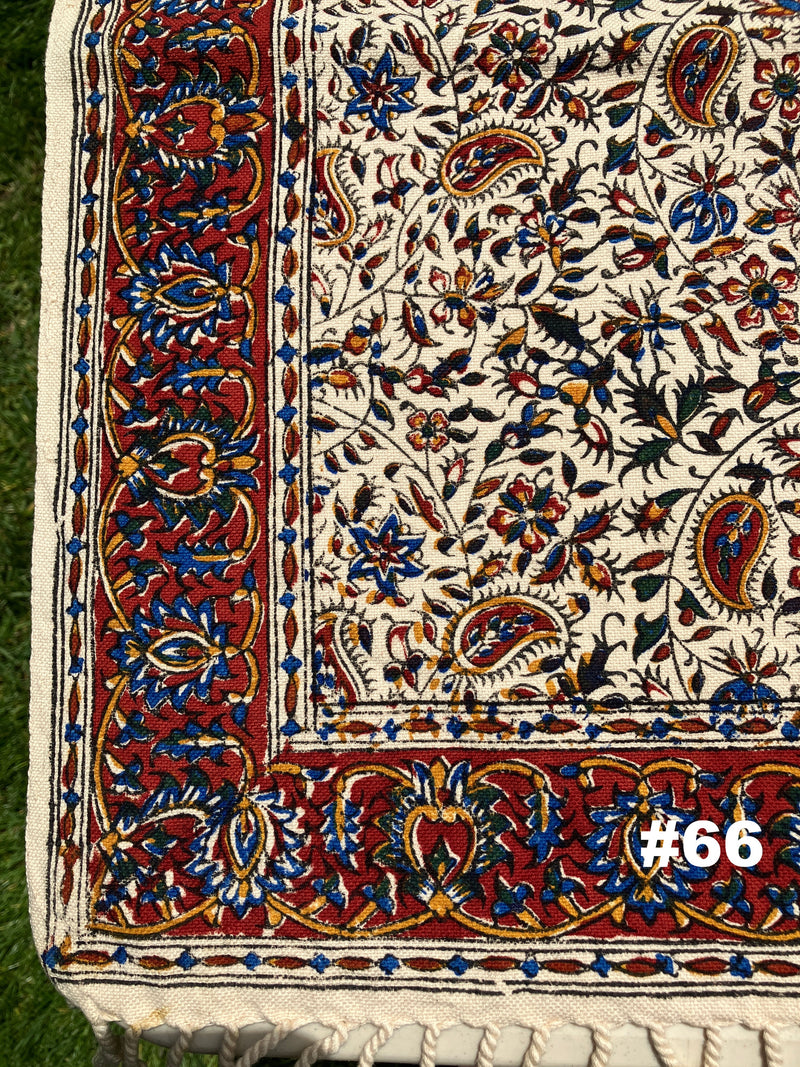 Hand Printed 100% Cotton Tablecloth with Natural Plant Dyes in Red, Blue, Green, Yellow/Orange on Beige Cloth - Various Sizes