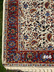 Hand Printed 100% Cotton Tablecloth with Natural Plant Dyes in Red, Blue, Green, Yellow/Orange on Beige Cloth - Various Sizes