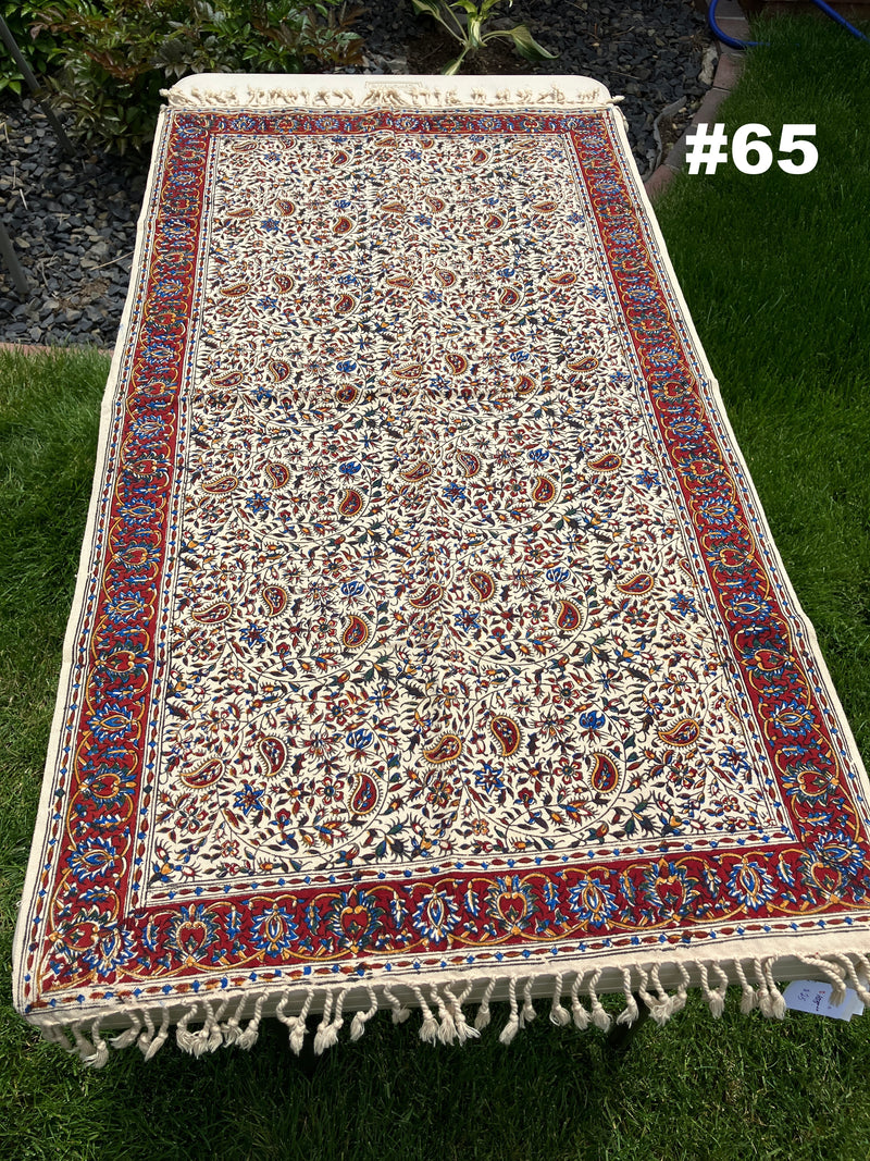 Hand Printed 100% Cotton Tablecloth with Natural Plant Dyes in Red, Blue, Green, Yellow/Orange on Beige Cloth - Various Sizes