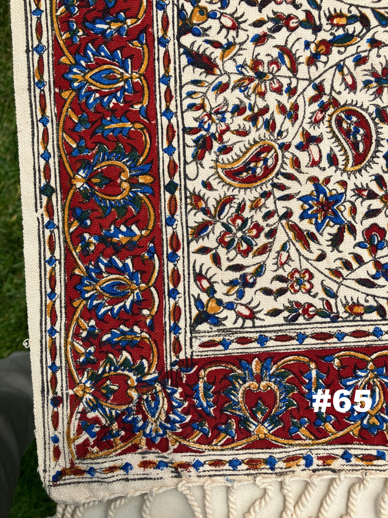 Hand Printed 100% Cotton Tablecloth with Natural Plant Dyes in Red, Blue, Green, Yellow/Orange on Beige Cloth - Various Sizes