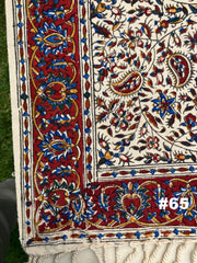 Hand Printed 100% Cotton Tablecloth with Natural Plant Dyes in Red, Blue, Green, Yellow/Orange on Beige Cloth - Various Sizes