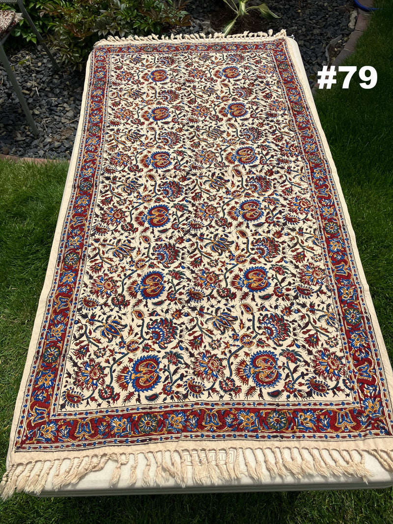 Hand Printed 100% Cotton Tablecloth with Natural Plant Dyes in Red, Blue, Green, Yellow/Orange on Beige Cloth - Various Sizes