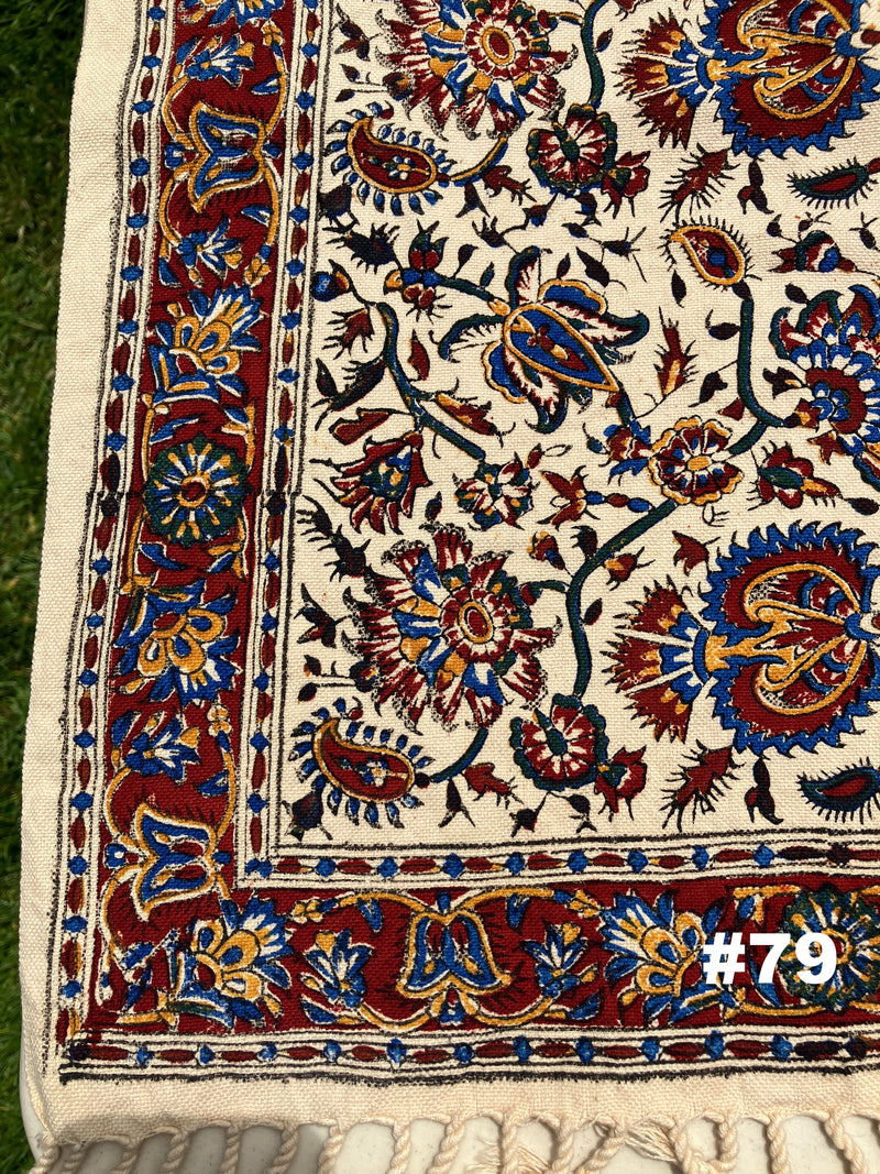 Hand Printed 100% Cotton Tablecloth with Natural Plant Dyes in Red, Blue, Green, Yellow/Orange on Beige Cloth - Various Sizes