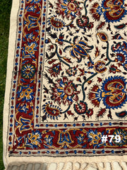 Hand Printed 100% Cotton Tablecloth with Natural Plant Dyes in Red, Blue, Green, Yellow/Orange on Beige Cloth - Various Sizes