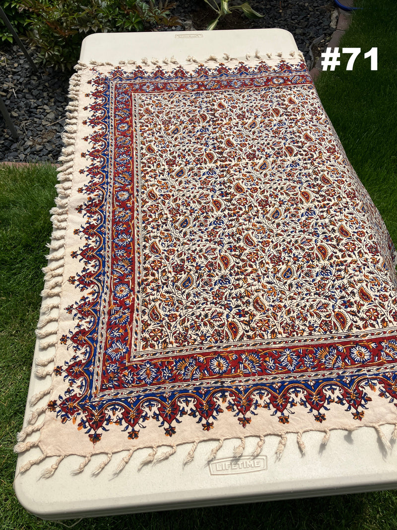 Hand Printed 100% Cotton Tablecloth with Natural Plant Dyes in Red, Blue, Green, Yellow/Orange on Beige Cloth - Various Sizes
