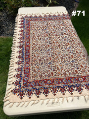 Hand Printed 100% Cotton Tablecloth with Natural Plant Dyes in Red, Blue, Green, Yellow/Orange on Beige Cloth - Various Sizes