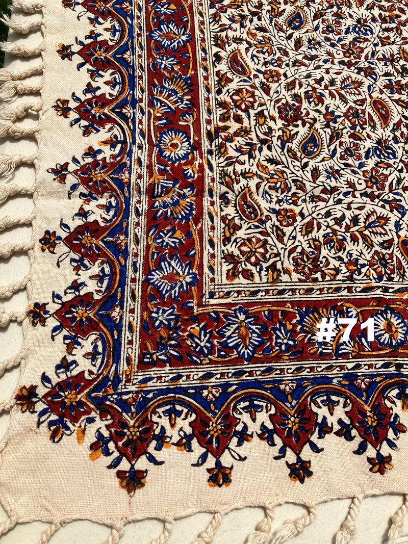 Hand Printed 100% Cotton Tablecloth with Natural Plant Dyes in Red, Blue, Green, Yellow/Orange on Beige Cloth - Various Sizes