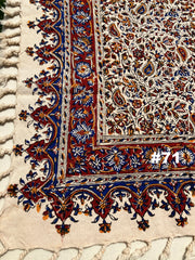 Hand Printed 100% Cotton Tablecloth with Natural Plant Dyes in Red, Blue, Green, Yellow/Orange on Beige Cloth - Various Sizes