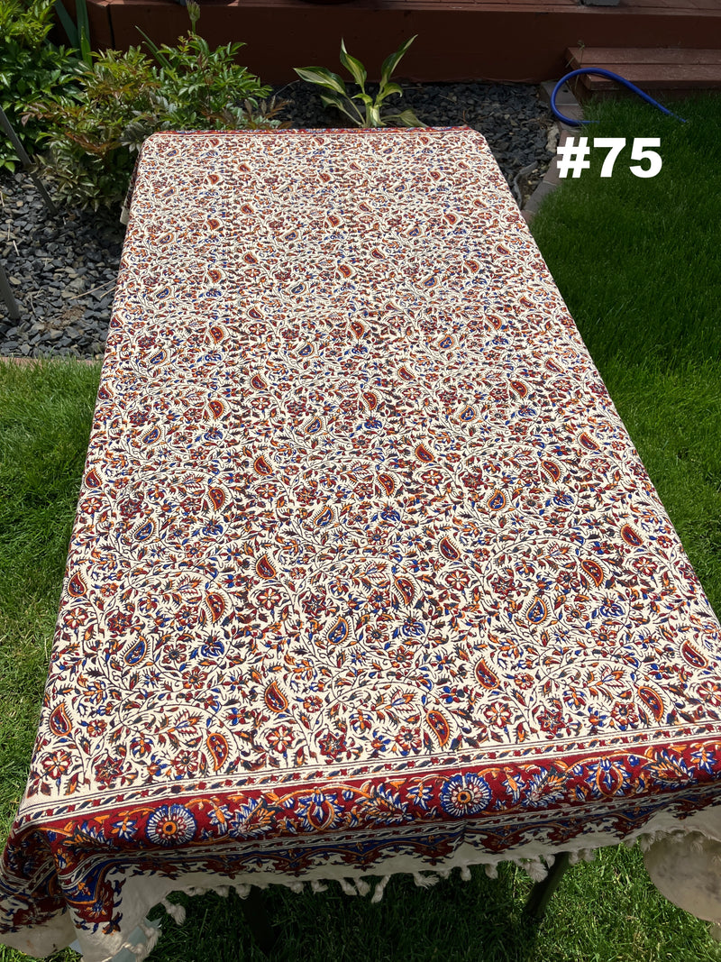 Hand Printed 100% Cotton Tablecloth with Natural Plant Dyes in Red, Blue, Green, Yellow/Orange on Beige Cloth - Various Sizes
