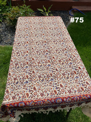 Hand Printed 100% Cotton Tablecloth with Natural Plant Dyes in Red, Blue, Green, Yellow/Orange on Beige Cloth - Various Sizes