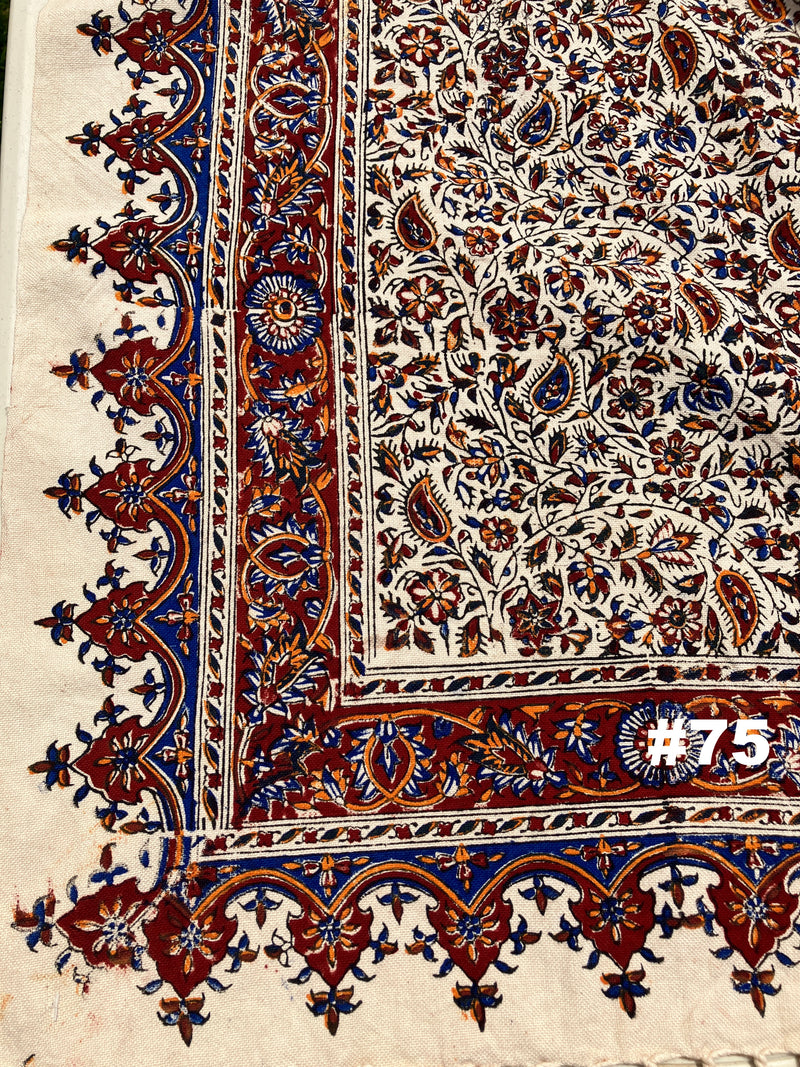 Hand Printed 100% Cotton Tablecloth with Natural Plant Dyes in Red, Blue, Green, Yellow/Orange on Beige Cloth - Various Sizes