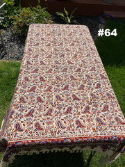 Hand Printed 100% Cotton Tablecloth with Natural Plant Dyes in Red, Blue, Green, Yellow/Orange on Beige Cloth - Various Sizes