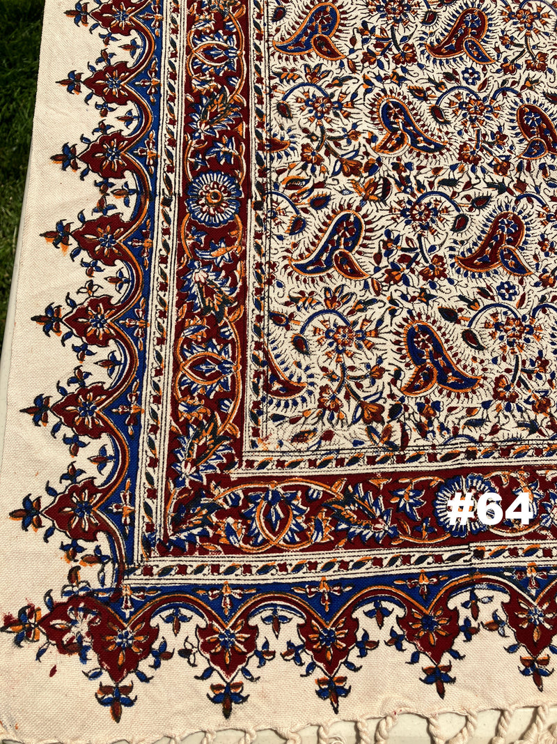 Hand Printed 100% Cotton Tablecloth with Natural Plant Dyes in Red, Blue, Green, Yellow/Orange on Beige Cloth - Various Sizes