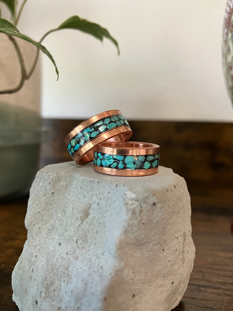 Real Turquoise Stones inlaid on Copper Metal Ring - One Size - Hand Made Ring