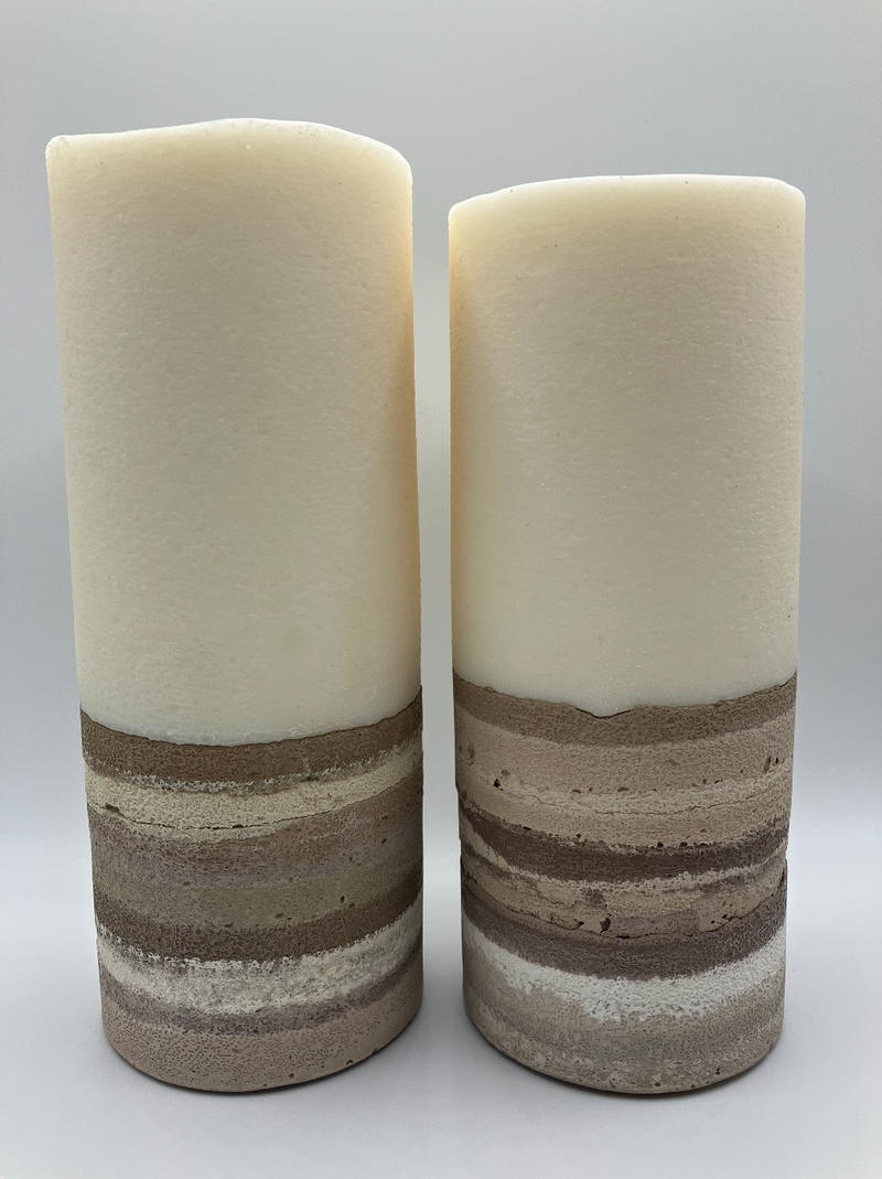 Large 7.5" & 7" White Cedar Scented Pillar Candle Set - Brown, White & Tan - Natural Soy Candle