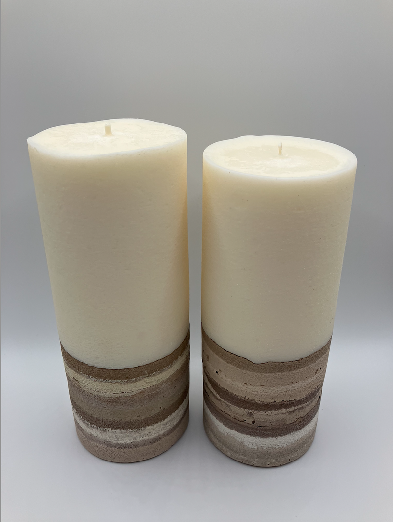 Large 7.5" & 7" White Cedar Scented Pillar Candle Set - Brown, White & Tan - Natural Soy Candle