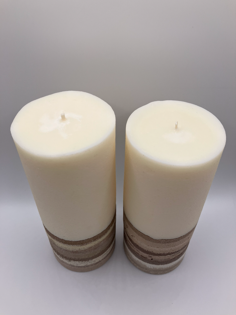 Large 7.5" & 7" White Cedar Scented Pillar Candle Set - Brown, White & Tan - Natural Soy Candle