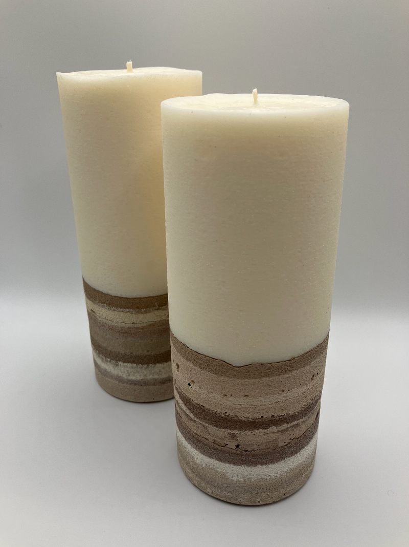 Large 7.5" & 7" White Cedar Scented Pillar Candle Set - Brown, White & Tan - Natural Soy Candle