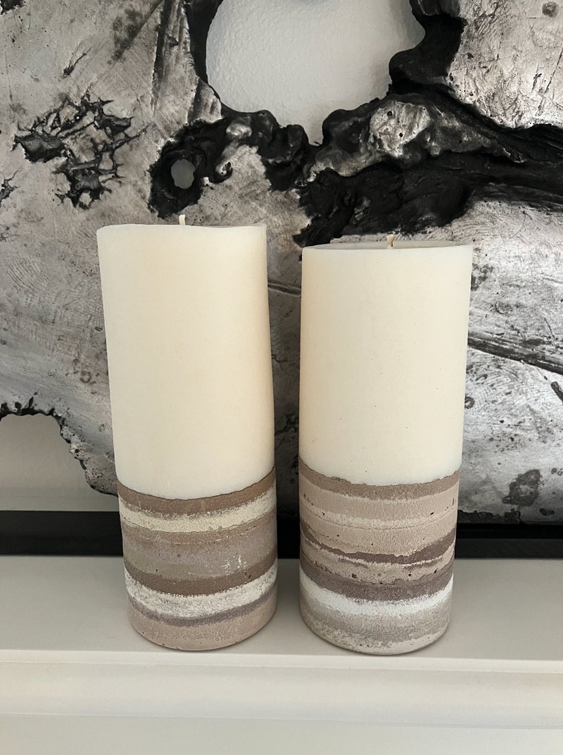 Large 7.5" & 7" White Cedar Scented Pillar Candle Set - Brown, White & Tan - Natural Soy Candle